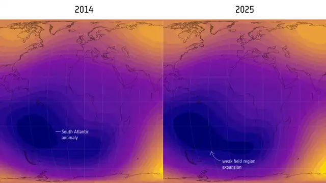 Un punto débil masivo en el campo magnético de la Tierra ha crecido y cambiado de forma desde 2014. Foto: C. Finlay Un punto débil masivo en el campo magnético de la Tierra ha crecido y cambiado de forma desde 2014. Foto: C. Finlay