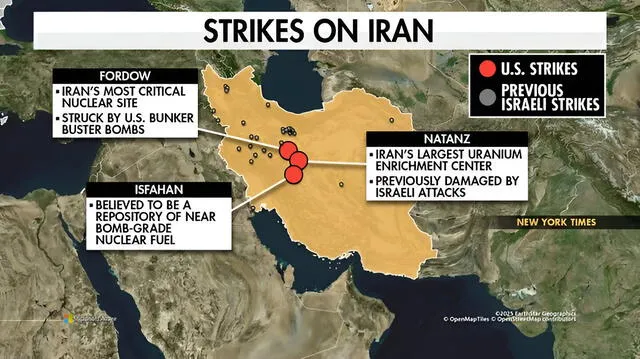 Map showing recent U.S. airstrikes on Iranian targets amid escalating tensions and security concerns over undocumented Iranian nationals in the U.S. Photo: Fox News Map showing recent U.S. airstrikes on Iranian targets amid escalating tensions and security concerns over undocumented Iranian nationals in the U.S. Photo: Fox News