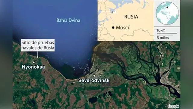 La radiación en Severodvinsk aumentó 16 veces pero la localidad más cercana a la base es Nyonoksa. Sobre esta última no se ha revelado datos de niveles radiactivos. Imagen: Google Earth.
