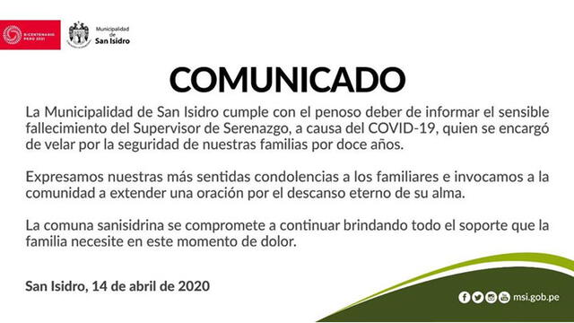 Comunicado de la Municipalidad de San Isidro