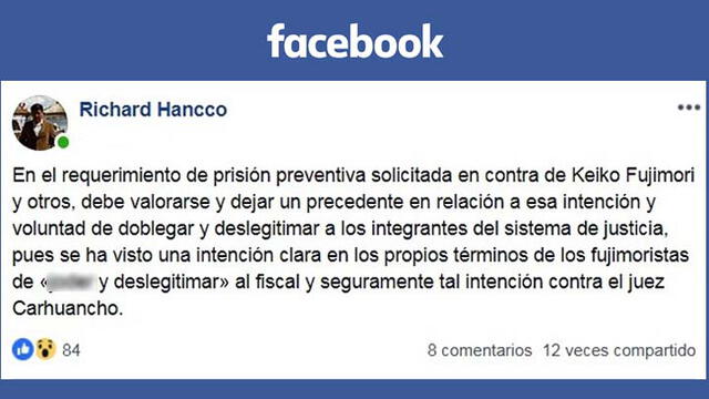 Puno: Exfiscal Richard Hancco cuestionó al fujimorismo en Facebook 