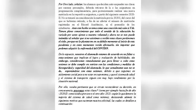 Parte de la carta de los estudiantes de la UPSB.