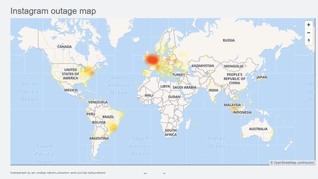 Países más afectados por la caída de Instagram. | Foto: DownDetector