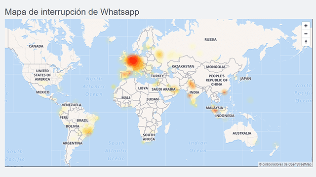 Mapa de incidencias que resalta los países más afectados por la caída de WhatsApp. | Fuente: DownDetector
