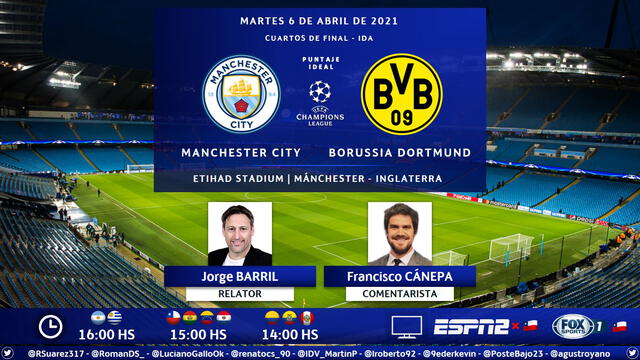 Manchester City vs. Borussia Dortmund por ESPN 2. Foto; Puntaje Ideal/Twitter