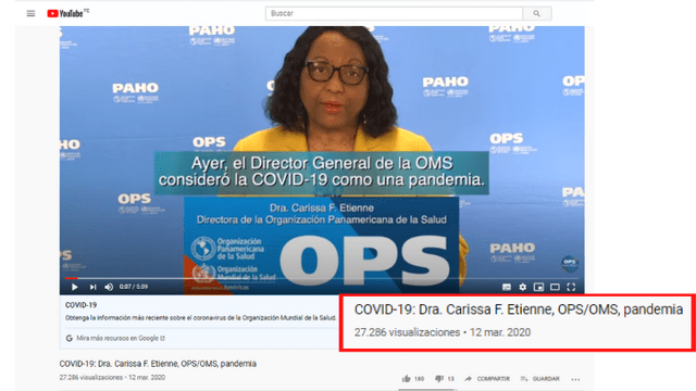 El 12 de marzo, la OMS publicó un video refiriéndose al comunicado del director en el que declaraba "pandemia" a la COVID-19.