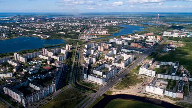 La radiación en Severodvinsk aumentó hasta 20 veces después de la explosión. Vista aérea de la ciudad. Foto: TASS.