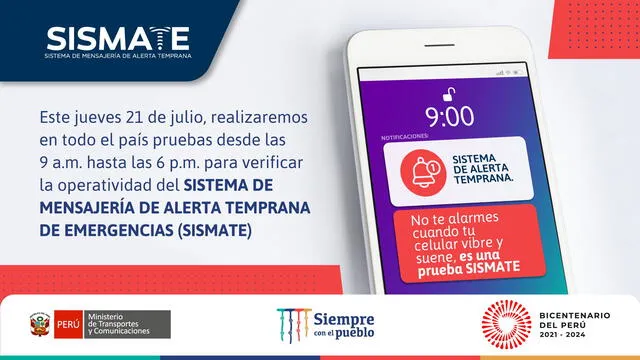 Sismate volverá a sonar este jueves 21 de julio. Foto: Twitter MTC