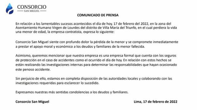 Comunicado de Sedapal. Foto: Twitter Sedapal.