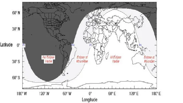 Mapa que muestra en qué partes del planeta se podrá apreciar el eclipse de este viernes 5 de junio. Foto: NASA.