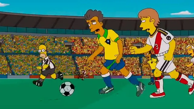 Homero arbitra partido de fútbol entre Brasil y un equipo de camiseta blanquirroja.