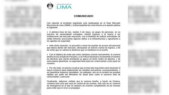 Comunicado de la Municipalidad de Lima. Créditos: MML