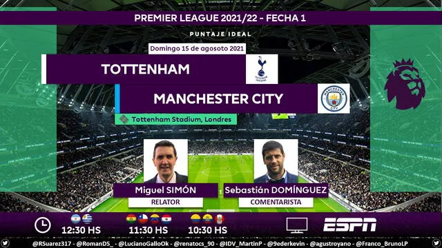 Tottenham vs Manchester City por ESPN. Foto: Puntaje Ideal/Twitter