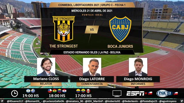 Boca Juniors vs The Strongest por ESPN. Foto: Puntaje Ideal/Twitter