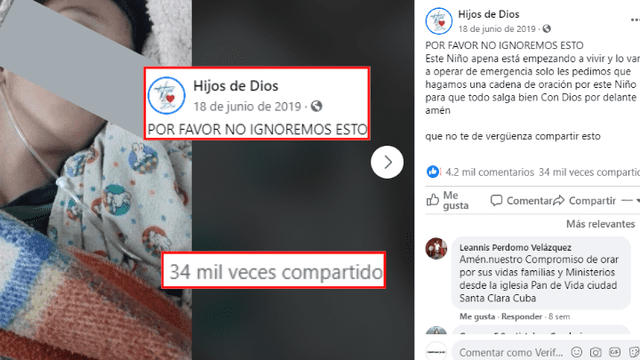 "Cadena de oración ya se viralizó a mediados del 2019". Captura: Facebook.
