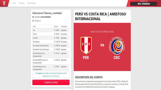 Perú vs. Costa Rica: 98% de entradas están agotadas