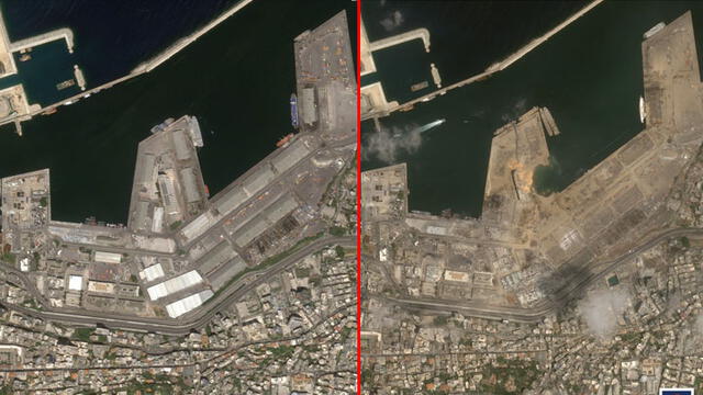 Puerto de Beirut, antes y después. Crédito: PerúSAT-1/CONIDA.