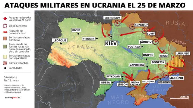 Mapa con ataques militares en Ucrania el 25 de marzo. Infografía: Europa Press