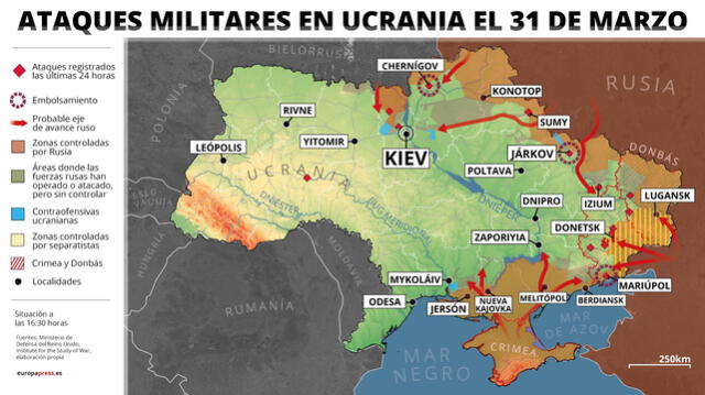 Ataques militares en Ucrania el 31 de marzo. Infografía: Europa Press