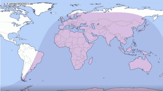 El área sombreada (noche) es donde se podrá observar el eclipse lunar penumbral. Fuente: TimeandDate.com.