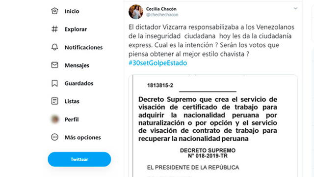 Tweet de Cecilia Chacón sobre el decreto del Ejecutivo.
