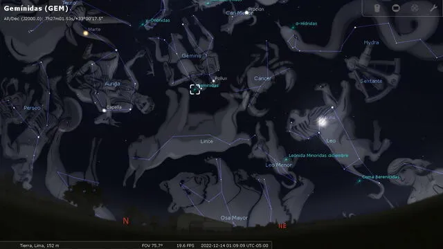 En el hemisferio sur, el radiante de las Gemínidas no estará tan alto en la bóveda celeste. En la imagen, la ubicación del radiante desde Perú, el martes 13 a las 2.00 a. m. Foto: captura de Stellarium / La República