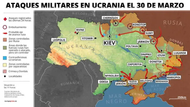 Ataques militares en Ucrania este miércoles. Infografía: Europa Press