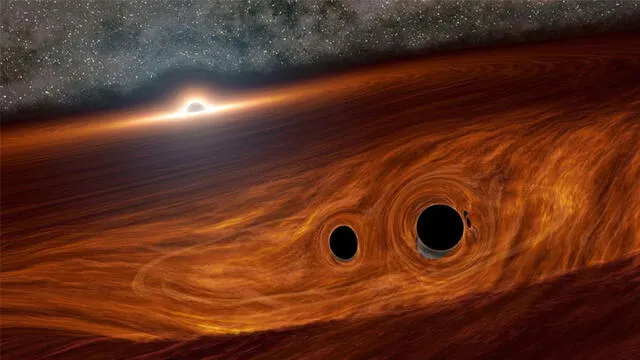 Concepto artístico de los dos agujeros negros fusionándose mientras están en el disco de gas alrededor del agujero negro supermasivo. Imagen: Caltech.