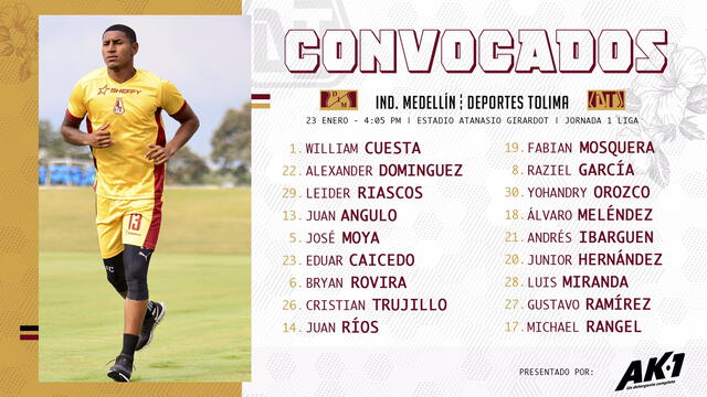 Deportes Tolima anunció la lista de convocados donde aparece el peruano Raziel García. Foto: Club Deportes Tolima S.A twitter