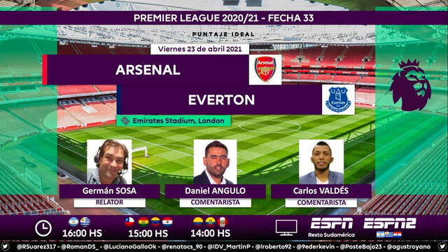 Arsenal vs Everton por ESPN. Foto: Puntaje Ideal/Twitter