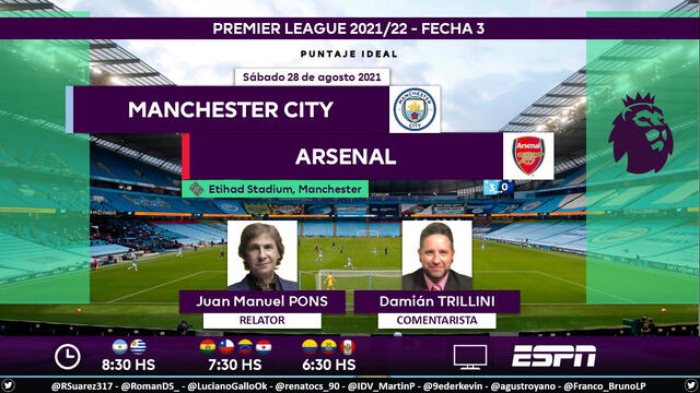 Manchester City vs Arsenal por ESPN. Foto: Puntaje Ideal/Twitter