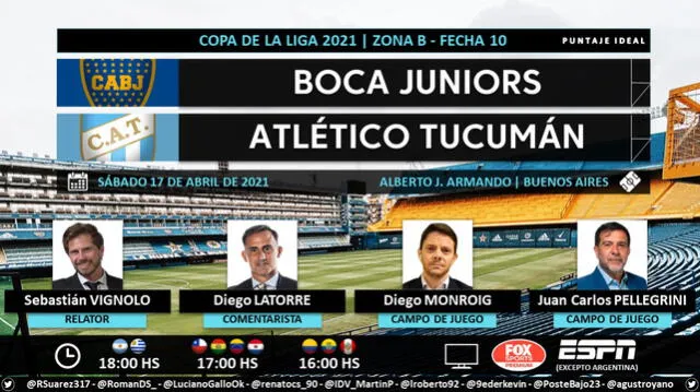 Boca Juniors vs Atlético Tucumán por Fox Sports Premium y ESPN. Foto: Puntaje Ideal/Twitter