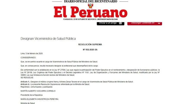 Diario El Peruano: resolución oficial de designación a la nueva viceministra de Salud