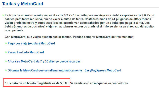 Costo de un solo viaje en el Metro de Nueva York.