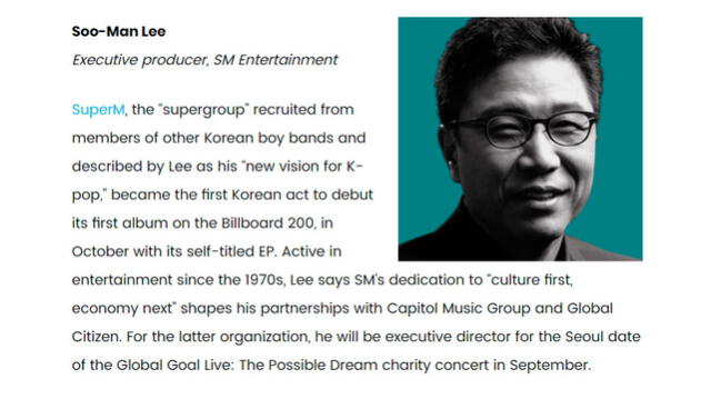 Billboard mencionó a Lee Soo Man por su larga trayectoria y sus proyectos