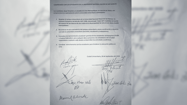 Cuando era candidato, Jorge Muñoz firmó documento en el que se compromete a no recortar terrenos de la UNMSM. Foto: Twitter