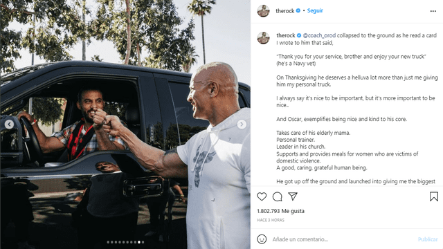Dwayne Johnson le regaló su camioneta a un fan durante una presentación  de su nueva película. Foto: Dwayne Johnson/Instagram