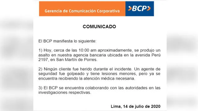 Comunicado del BCP.