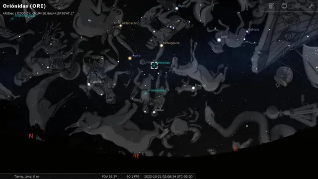 Ubicación del radiante de la lluvia de estrellas Oriónidas el 21 de octubre de 2022 a las 2.00 a. m. (hora Perú). Foto: captura de Stellarium / La República