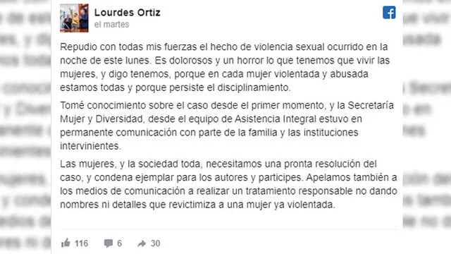 La secretaria de la Mujer y Diversidad de la Rioja, Lourdes Ortiz, se pronunció a través de sus redes sociales tras este caso.