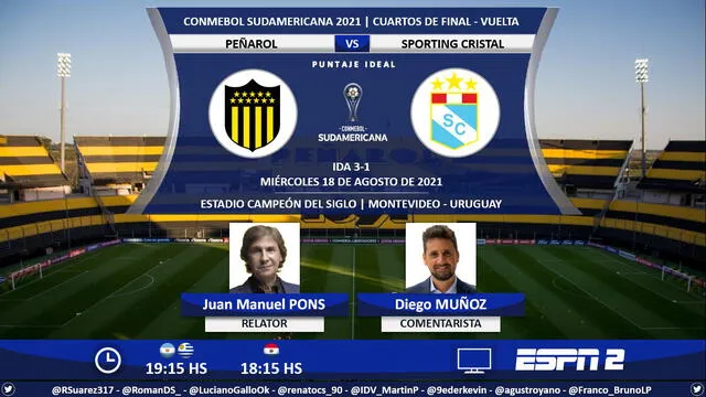 Peñarol vs Sporting Cristal vía ESPN 2. Foto: Puntaje Ideal PE/Twitter