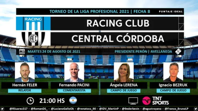 Racing vs Central Córdoba por TNT Sports. Foto: Puntaje Ideal/Twitter