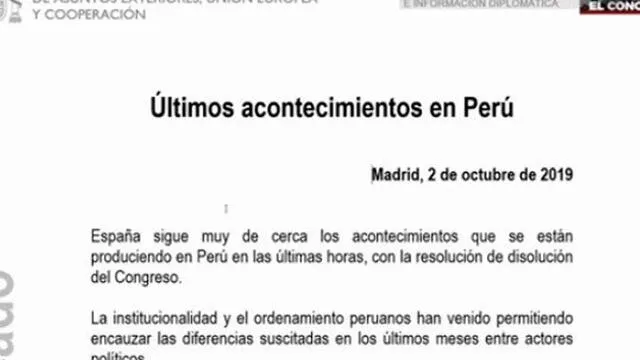 Fragmento del comunicado emitido por España sobre la crisis polítiica de Perú. Foto: Captura video.