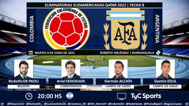 Colombia vs Argentina por TyC Sports. Foto: Puntaje Ideal/Twitter