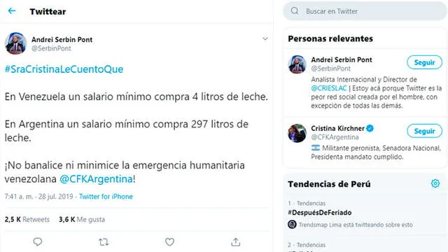 Andrei Serbei comparó el salario mínimo de Venezuela y Argentina.