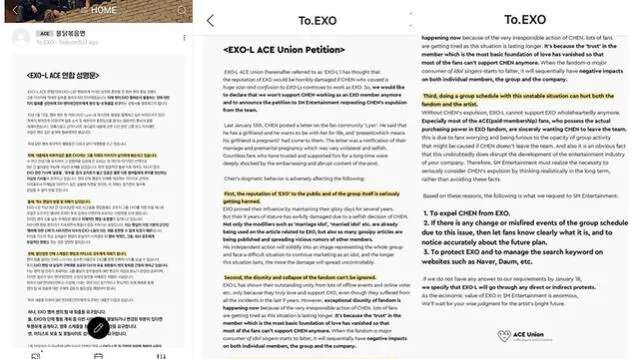 Comunicado oficial de EXO-L ACE UNION, fans que piden la salida de Chen.
