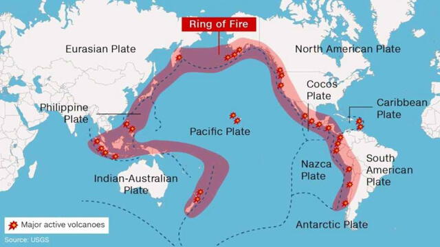 Cinturón de fuego del Pacífico, también llamado Círculo de fuego o Anillo de fuego. Foto: USSG