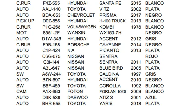 Lista de vehículos robados que fueron recuperados por la PNP el 31 de agosto. Foto: Captura de pantalla.