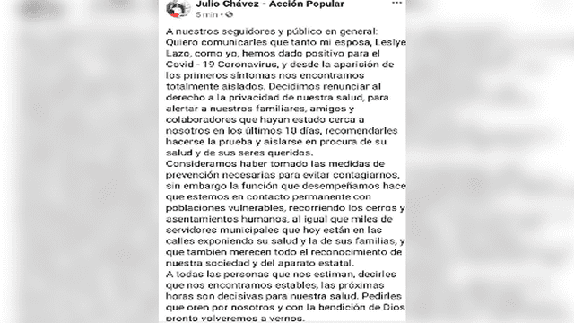 Publicación en las redes sociales de Julio Chávez.