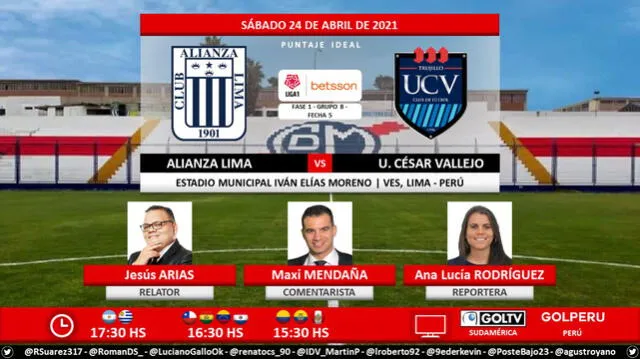 Alianza Lima vs César Vallejo vía Gol Perú. Foto: Puntaje Ideal PE/Twitter